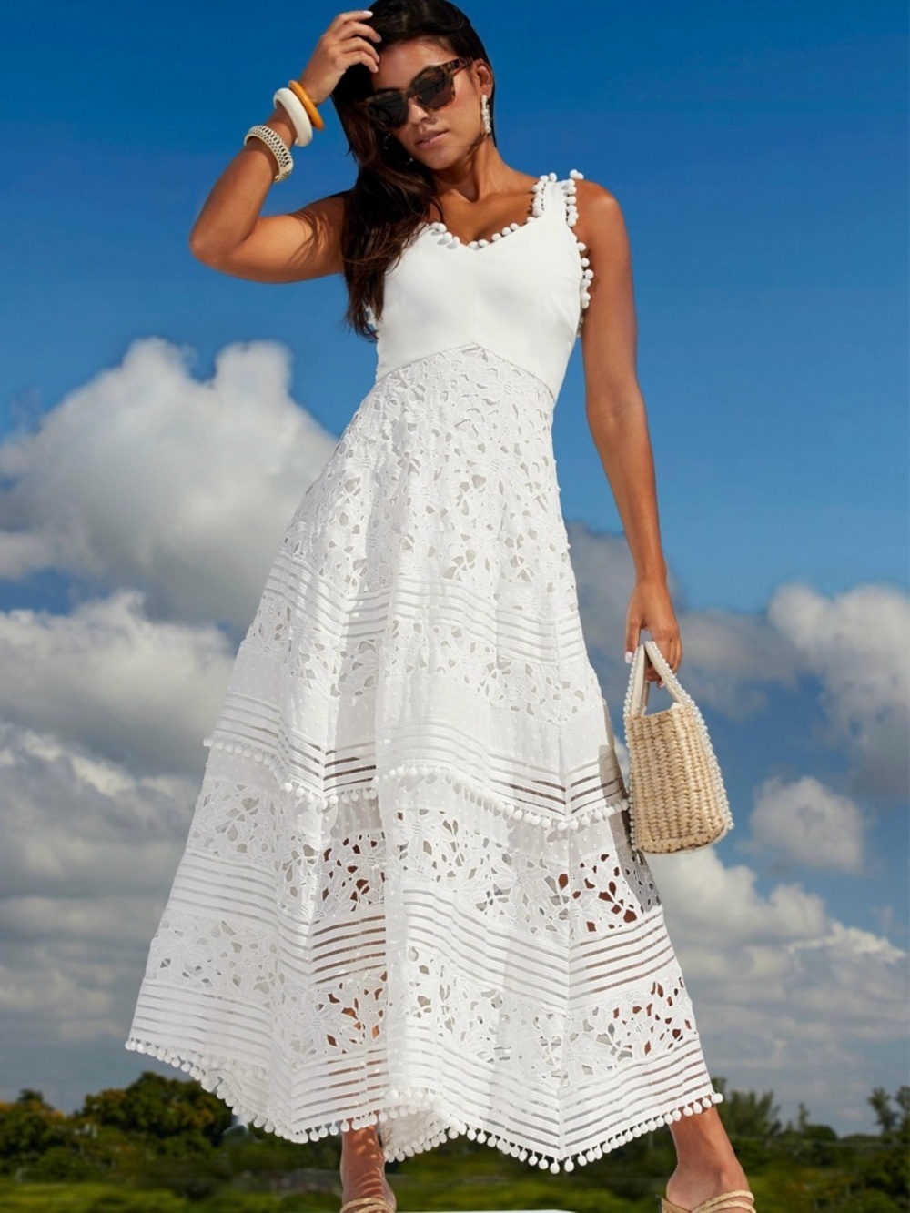 Boston Proper White Eyelet Maxi Dress with Pom-Trim Straps size: XL
